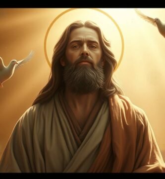 Bild von Jesus, der mit geschlossenen Augen betet, mit einem intensiven Licht hinter ihm und weißen Tauben, die um ihn herumfliegen