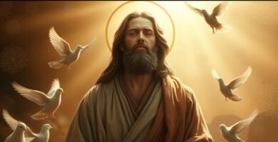 Bild von Jesus, der mit geschlossenen Augen betet, mit einem intensiven Licht hinter ihm und weißen Tauben, die um ihn herumfliegen