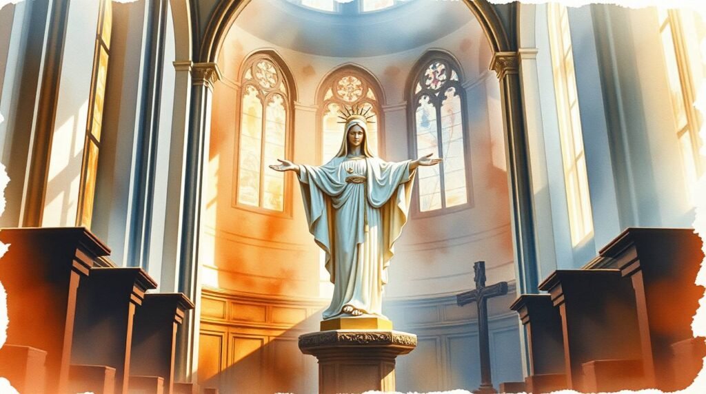 Leinwandbild des Inneren einer Kirche mit einer Skulptur der Jungfrau Maria in der Mitte