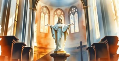 Leinwandbild des Inneren einer Kirche mit einer Skulptur der Jungfrau Maria in der Mitte