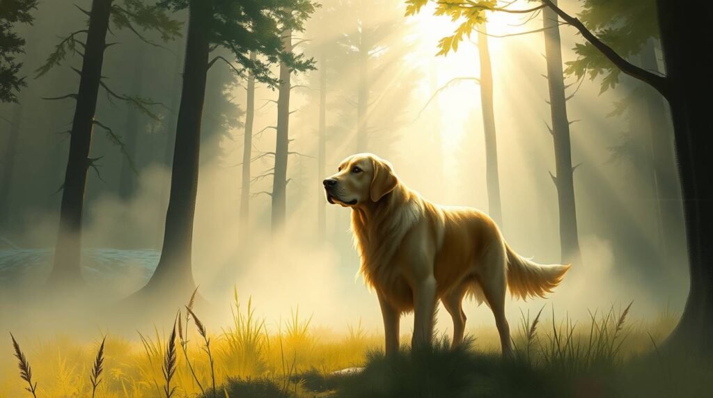 Bild eines Golden Retrievers, der im Wald steht, mit einem kaskadierenden Licht hinter ihm