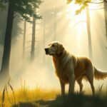 Bild eines Golden Retrievers, der im Wald steht, mit einem kaskadierenden Licht hinter ihm