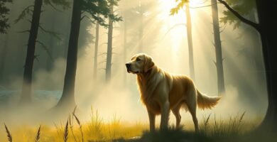 Bild eines Golden Retrievers, der im Wald steht, mit einem kaskadierenden Licht hinter ihm