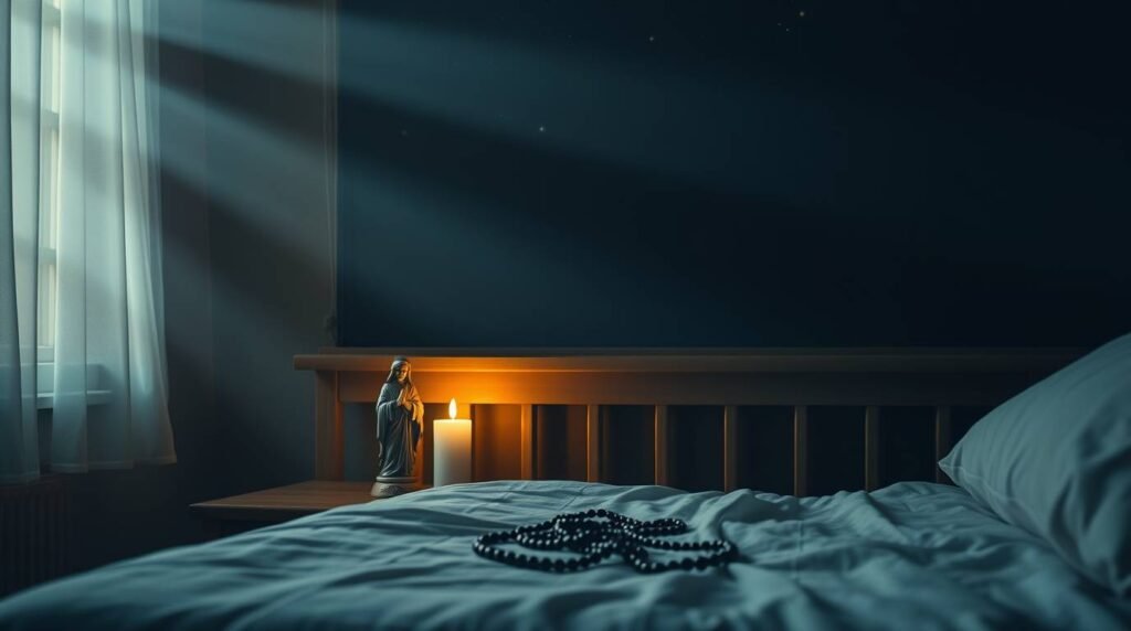 Bild eines dunklen Schlafzimmers mit Mondlicht, das durch das Fenster fällt, einer brennenden Kerze und einem Rosenkranz auf dem Bett