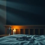 Bild eines dunklen Schlafzimmers mit Mondlicht, das durch das Fenster fällt, einer brennenden Kerze und einem Rosenkranz auf dem Bett