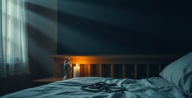 Bild eines dunklen Schlafzimmers mit Mondlicht, das durch das Fenster fällt, einer brennenden Kerze und einem Rosenkranz auf dem Bett