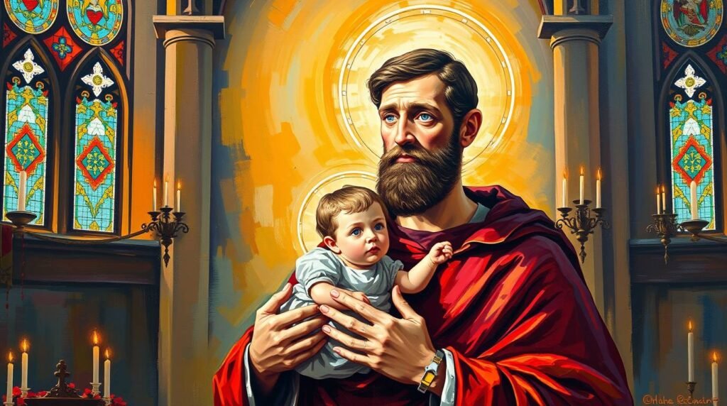 Leinwandbild eines Gemäldes des Heiligen Antonius in einer Kirche, der ein Kind in seinen Händen hält.