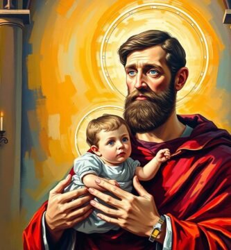 Leinwandbild eines Gemäldes des Heiligen Antonius in einer Kirche, der ein Kind in seinen Händen hält.