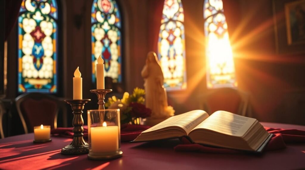 Bild des Innenraums einer Kirche mit einem Tisch, auf dem eine Bibel, das Bild der Jungfrau Maria und brennende Kerzen liegen