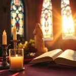 Bild des Innenraums einer Kirche mit einem Tisch, auf dem eine Bibel, das Bild der Jungfrau Maria und brennende Kerzen liegen