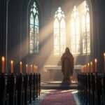 Bild einer leeren Kirche mit einem Mann, der den Gang entlang geht, während das Licht der Morgendämmerung durch die Fenster fällt