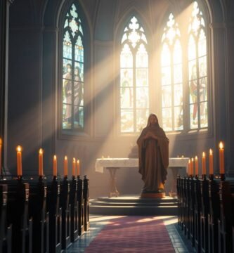 Bild einer leeren Kirche mit einem Mann, der den Gang entlang geht, während das Licht der Morgendämmerung durch die Fenster fällt