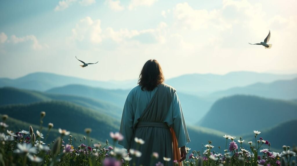 Bild von Jesus mit dem Rücken zu ihm, der im Morgengrauen die Landschaft betrachtet, während Vögel am Himmel fliegen