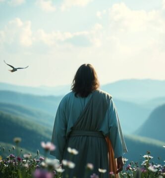 Bild von Jesus mit dem Rücken zu ihm, der im Morgengrauen die Landschaft betrachtet, während Vögel am Himmel fliegen