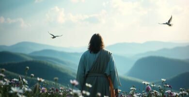 Bild von Jesus mit dem Rücken zu ihm, der im Morgengrauen die Landschaft betrachtet, während Vögel am Himmel fliegen