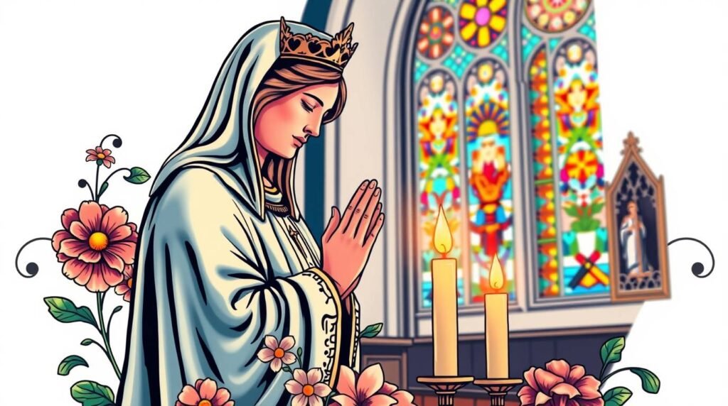 Bild von Maria, die neben einem Altar mit einigen Kerzen betet. Das Bild hat einen Cartoon-Stil