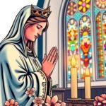 Bild von Maria, die neben einem Altar mit einigen Kerzen betet. Das Bild hat einen Cartoon-Stil