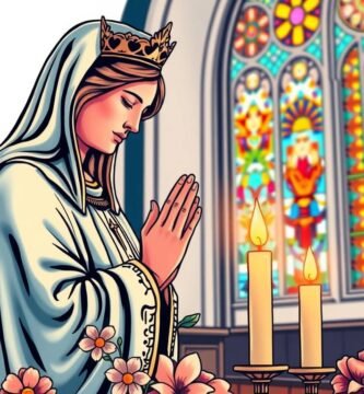 Bild von Maria, die neben einem Altar mit einigen Kerzen betet. Das Bild hat einen Cartoon-Stil