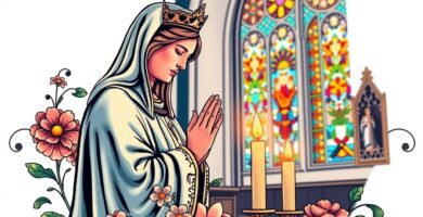 Bild von Maria, die neben einem Altar mit einigen Kerzen betet. Das Bild hat einen Cartoon-Stil