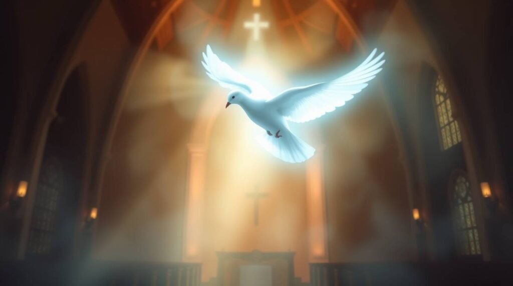 Bild einer weißen Taube, die in einer Kirche fliegt, hinter der ein leuchtendes Licht fällt