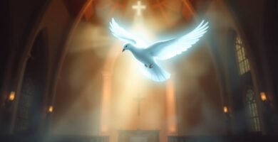 Bild einer weißen Taube, die in einer Kirche fliegt, hinter der ein leuchtendes Licht fällt