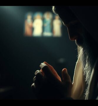 Bild eines Mannes, der in einem dunklen Raum in einer Kirche betet