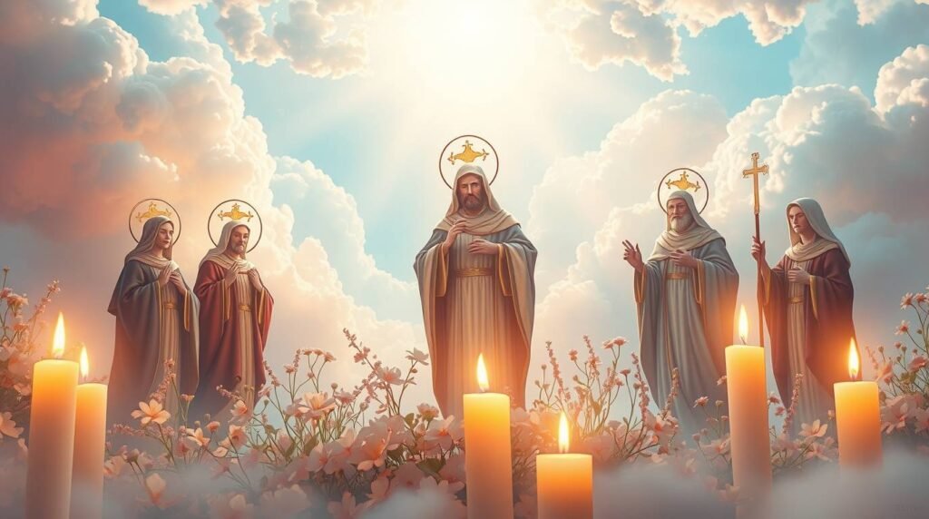Bild von Jesus, Maria und den Heiligen, beleuchtet von Kerzen mit einem hellen Licht, das vom klaren Himmel fällt