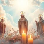 Bild von Jesus, Maria und den Heiligen, beleuchtet von Kerzen mit einem hellen Licht, das vom klaren Himmel fällt