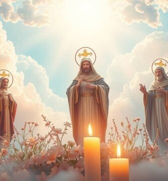 Bild von Jesus, Maria und den Heiligen, beleuchtet von Kerzen mit einem hellen Licht, das vom klaren Himmel fällt