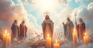 Bild von Jesus, Maria und den Heiligen, beleuchtet von Kerzen mit einem hellen Licht, das vom klaren Himmel fällt
