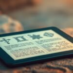 Bild einer Tafel auf einigen Felsen, auf dem Bildschirm ist eine offene Bibel mit biblischen Elementen aus dem Alten Testament zu sehen.