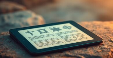 Bild einer Tafel auf einigen Felsen, auf dem Bildschirm ist eine offene Bibel mit biblischen Elementen aus dem Alten Testament zu sehen.