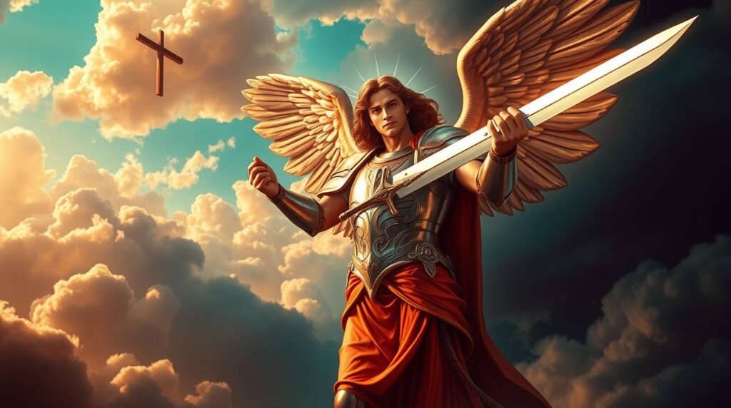 Bild des Erzengels Michael im Himmel mit einem Schwert und einem Kreuz im Hintergrund