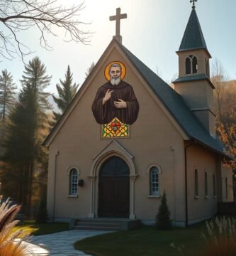 Bild einer evangelischen Kirche von außen, gelegen auf einer Wiese mit Blumen und Gras.