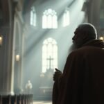 Bild eines Priesters mit dem Rücken zu einer Kirche, beleuchtet durch Licht, das durch die Fenster fällt