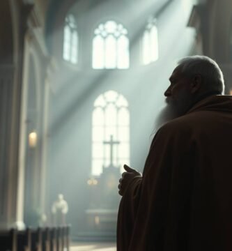 Bild eines Priesters mit dem Rücken zu einer Kirche, beleuchtet durch Licht, das durch die Fenster fällt