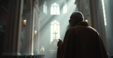 Bild eines Priesters mit dem Rücken zu einer Kirche, beleuchtet durch Licht, das durch die Fenster fällt