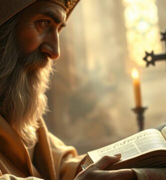 Nahaufnahme eines Priesters, der in einer Kirche neben einer Bibel und brennenden Kerzen betet