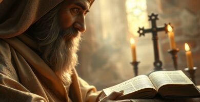 Nahaufnahme eines Priesters, der in einer Kirche neben einer Bibel und brennenden Kerzen betet