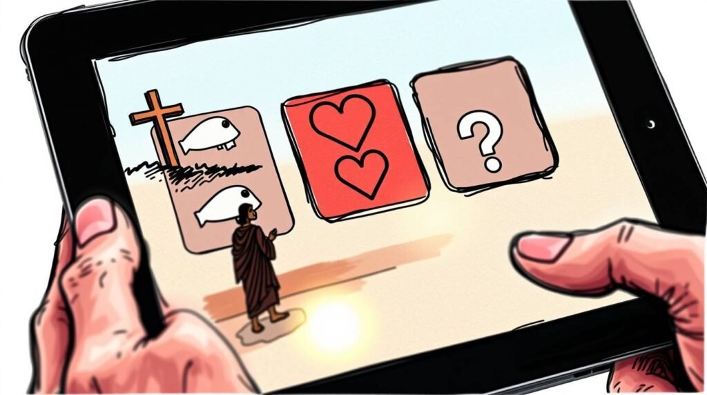 Bild im Cartoon-Stil eines Tablets mit einem interaktiven Quiz-Bildschirm, auf dem Jesus mit drei Fragen und Elementen aus seinem Leben wie Herzen und Fischen dargestellt ist.