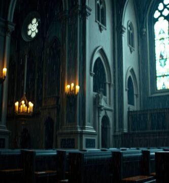 Dramatisches und trauriges Filterbild des Inneren einer Kirche mit brennenden Kerzen