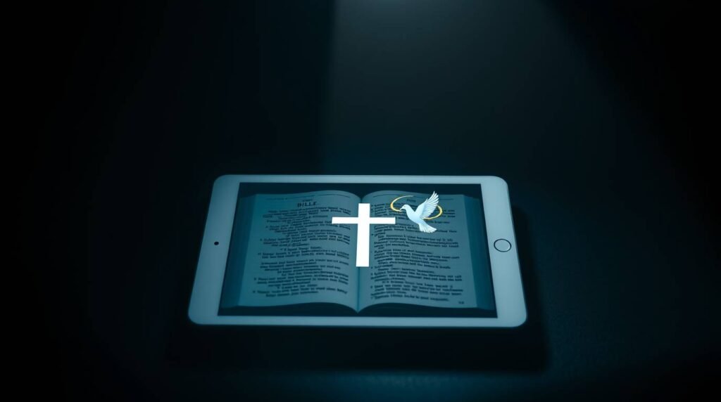 Abbildung einer dunklen Tafel mit einer offenen Bibel in der Mitte als Bild auf dem Bildschirm neben einer weißen Taube.