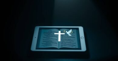 Abbildung einer dunklen Tafel mit einer offenen Bibel in der Mitte als Bild auf dem Bildschirm neben einer weißen Taube.