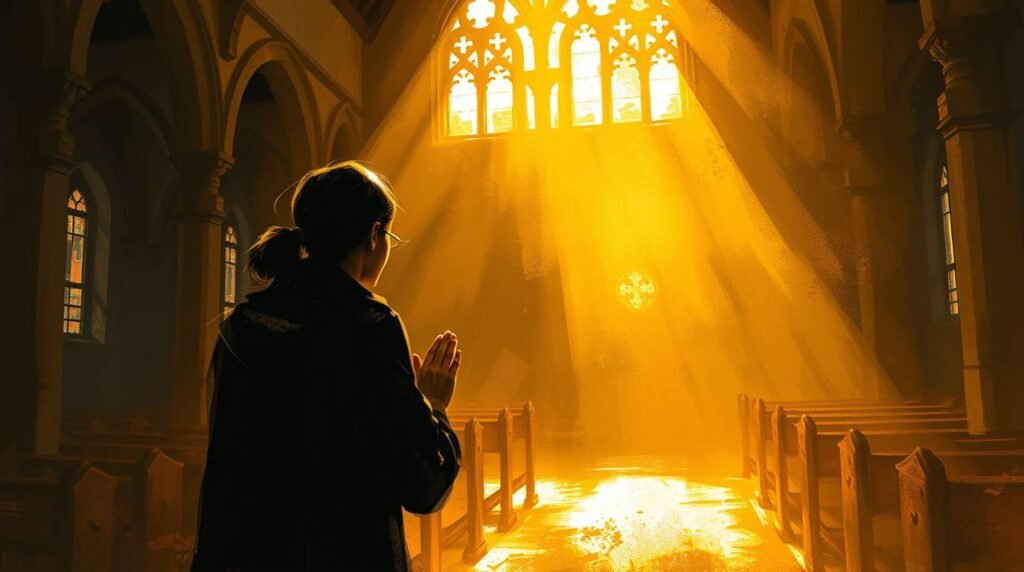 Bild eines Mannes, der in einer Kirche betet, die von einem göttlichen Licht erleuchtet wird, das aus den Kirchenfenstern fällt