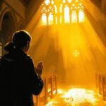 Bild eines Mannes, der in einer Kirche betet, die von einem göttlichen Licht erleuchtet wird, das aus den Kirchenfenstern fällt
