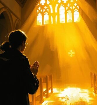 Bild eines Mannes, der in einer Kirche betet, die von einem göttlichen Licht erleuchtet wird, das aus den Kirchenfenstern fällt