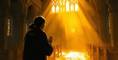 Bild eines Mannes, der in einer Kirche betet, die von einem göttlichen Licht erleuchtet wird, das aus den Kirchenfenstern fällt