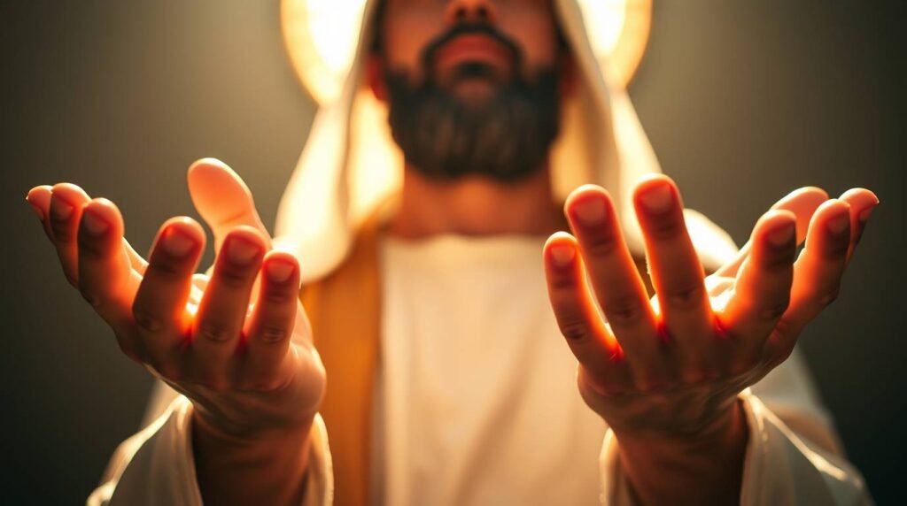 Bild eines Priesters, der mit offenen Händen betet, Nahaufnahme