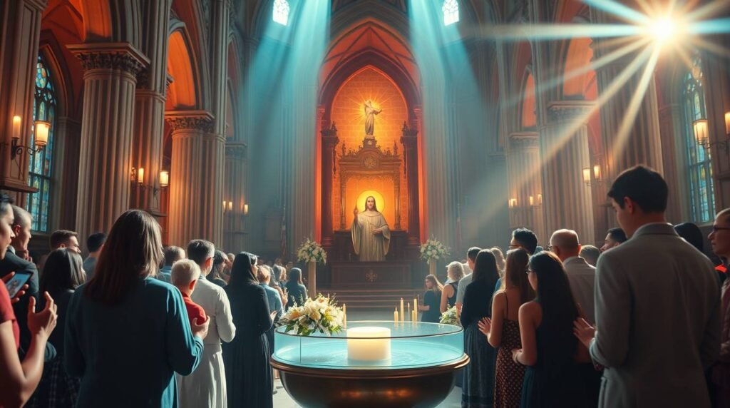 Bild einer Gruppe von Gläubigen in einer Kirche mit dem Bild von Jesus in der Mitte und einem Taufbecken mit Kerzen