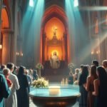 Bild einer Gruppe von Gläubigen in einer Kirche mit dem Bild von Jesus in der Mitte und einem Taufbecken mit Kerzen